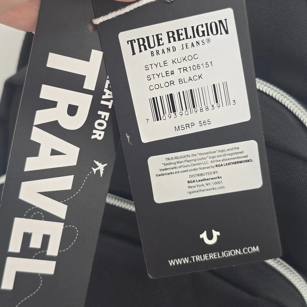 NEW True Religion Black Canvas Sling Bag Crossbody Backpack Horseshoe Clip NEW